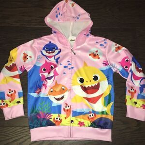 Girls Pink Baby Shark zipper hooded hoodie sweatshirt jacket kids youth 140 euro